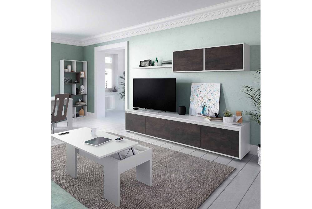 Mueble de salón moderno blanco con detalle óxido
