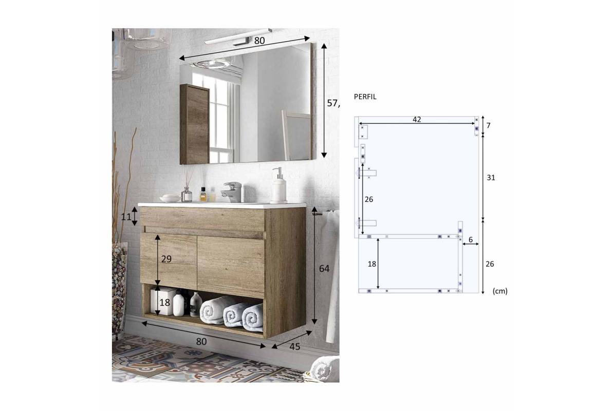 Pack Mueble baño y armario auxiliar color nordik (Incluye Lavabo y Espejo)